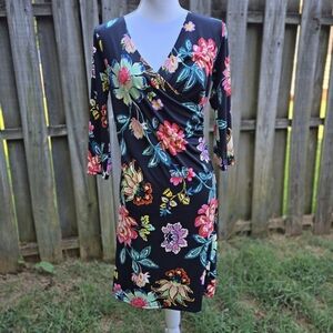 Sunny Leigh Small Tropical  Floral Long Sleeve Midi Dress Wrap V Neck Stretchy